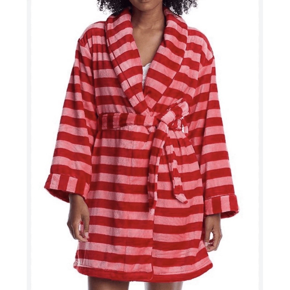 Kate Spade Plush Robe Holiday Stripe Belted Chenille Pink Red Medium
